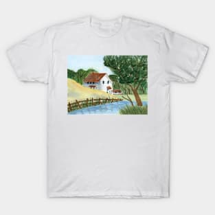 Lake House Watercolor Painting T-Shirt